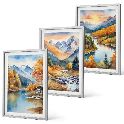 Berglandschaft Fluss Herbst Bilder 3er-Set mit passenden Rahmen