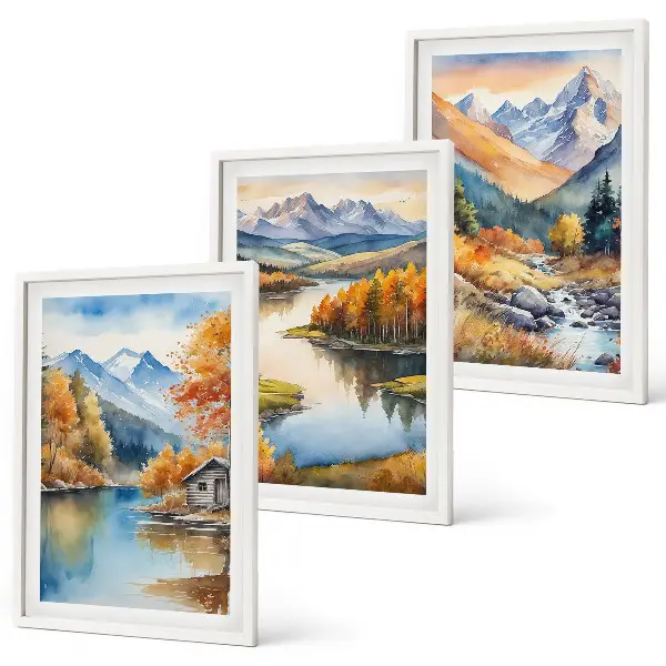 Gerahmtes Bilderset mit Gebirgsflüssen und Herbstbäumen