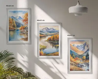 Gerahmtes Bilderset mit Gebirgsflüssen und Herbstbäumen