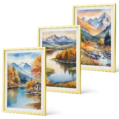 Gerahmtes Bilderset mit Gebirgsflüssen und Herbstbäumen
