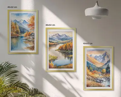 Gerahmtes Bilderset mit Gebirgsflüssen und Herbstbäumen
