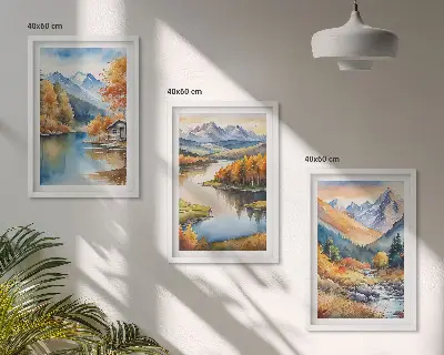 Gerahmtes Bilderset mit Gebirgsflüssen und Herbstbäumen