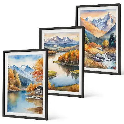 Gerahmtes Bilderset mit Gebirgsflüssen und Herbstbäumen