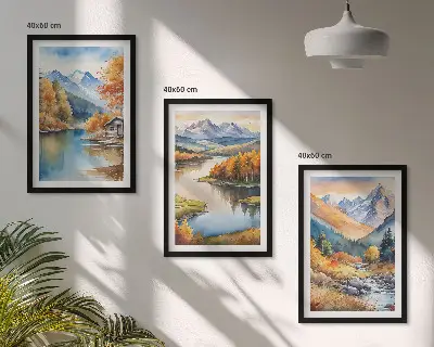 Gerahmtes Bilderset mit Gebirgsflüssen und Herbstbäumen