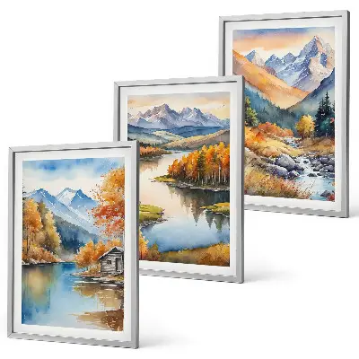 Gerahmtes Bilderset mit Gebirgsflüssen und Herbstbäumen