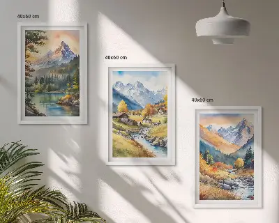 Berglandschaft mit Fluss 3er-Set Bilder mit Rahmen