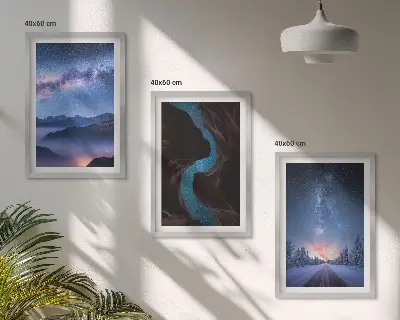 3er-Set Bilder mit Rahmen nachthimmel, berge und winterlandschaft