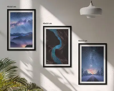 3er-Set Bilder mit Rahmen nachthimmel, berge und winterlandschaft