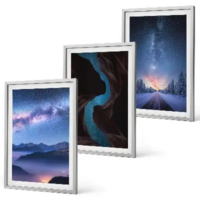 3er-Set Bilder mit Rahmen nachthimmel, berge und winterlandschaft