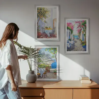 3er-Set Bilder mit Rahmen mit Motiven von charmanten Straßen, Pflanzen und dem Meer