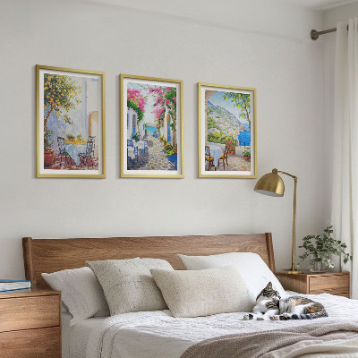 Bilder-3er-set mit rahmen Charmante Straßen, Pflanzen, Meer