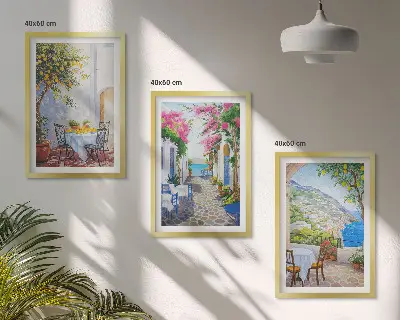 3er-Set Bilder mit Rahmen mit Motiven von charmanten Straßen, Pflanzen und dem Meer