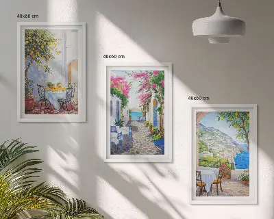 3er-Set Bilder mit Rahmen mit Motiven von charmanten Straßen, Pflanzen und dem Meer