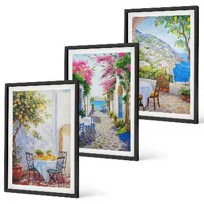 3er-Set Bilder mit Rahmen mit Motiven von charmanten Straßen, Pflanzen und dem Meer