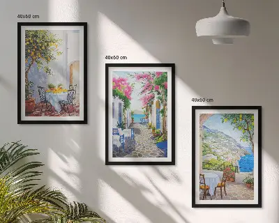 3er-Set Bilder mit Rahmen mit Motiven von charmanten Straßen, Pflanzen und dem Meer
