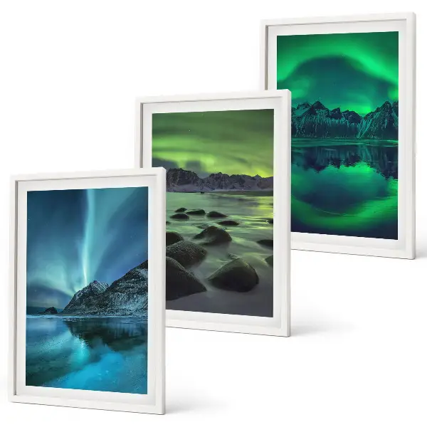 Winterlandschaft der Aurora borealis 3er-Set Bilder mit Rahmen