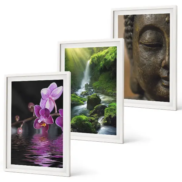 Gerahmtes Bilderset mit Motiven von Blumen, Wasserfall und Zen-Felsen
