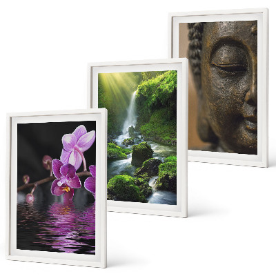 Gerahmtes bilderset Blumen, Wasserfall, Buddha-Felsen, Zen