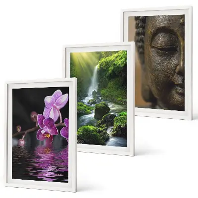 Gerahmtes Bilderset mit Motiven von Blumen, Wasserfall und Zen-Felsen
