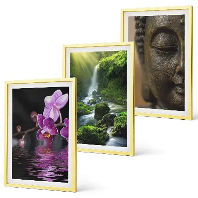 Gerahmtes Bilderset mit Motiven von Blumen, Wasserfall und Zen-Felsen