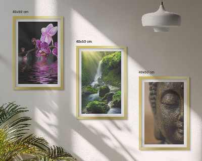 Gerahmtes bilderset Blumen, Wasserfall, Buddha-Felsen, Zen