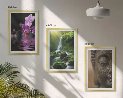 Gerahmtes Bilderset mit Motiven von Blumen, Wasserfall und Zen-Felsen
