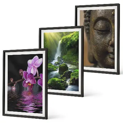 Gerahmtes Bilderset mit Motiven von Blumen, Wasserfall und Zen-Felsen