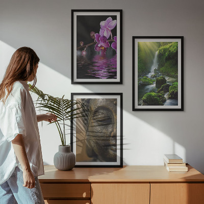 Gerahmtes bilderset Blumen, Wasserfall, Buddha-Felsen, Zen