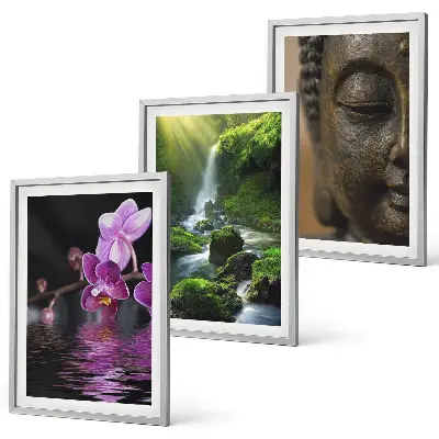 Gerahmtes Bilderset mit Motiven von Blumen, Wasserfall und Zen-Felsen