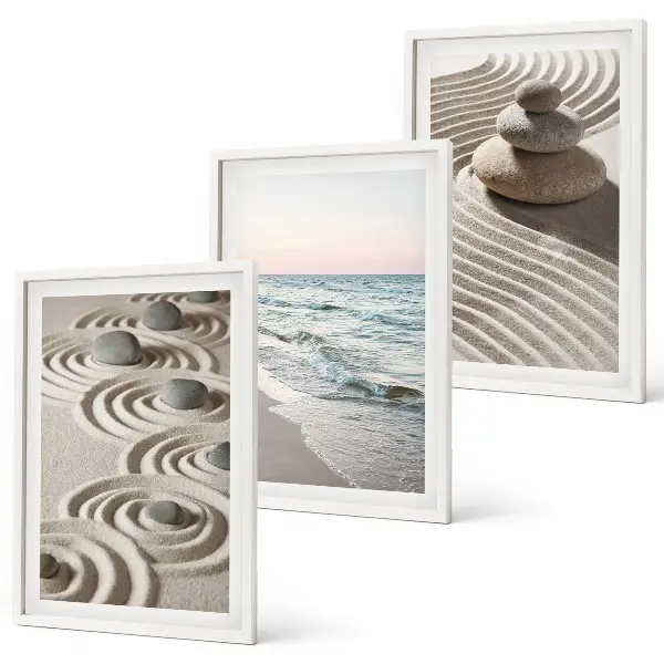 Wandbilder-Set mit Rahmen mit Motiven von Wellen Sand Wasser Steinen und Strand im 3er-Set