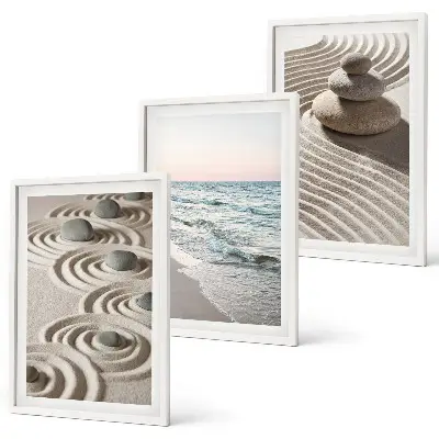 Wandbilder-Set mit Rahmen mit Motiven von Wellen Sand Wasser Steinen und Strand im 3er-Set
