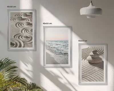Wandbilder-Set mit Rahmen mit Motiven von Wellen Sand Wasser Steinen und Strand im 3er-Set