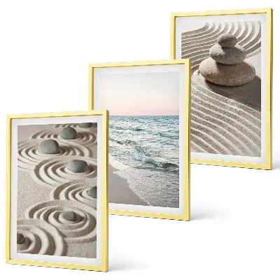 Wandbilder-Set mit Rahmen mit Motiven von Wellen Sand Wasser Steinen und Strand im 3er-Set