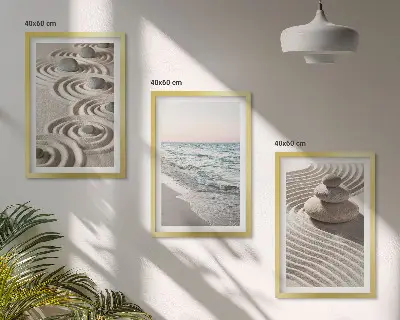 Wandbilder-Set mit Rahmen mit Motiven von Wellen Sand Wasser Steinen und Strand im 3er-Set
