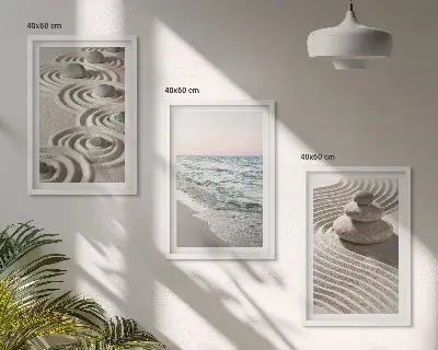 Wandbilder-Set mit Rahmen mit Motiven von Wellen Sand Wasser Steinen und Strand im 3er-Set