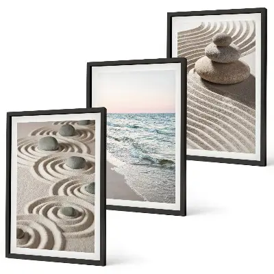 Wandbilder-Set mit Rahmen mit Motiven von Wellen Sand Wasser Steinen und Strand im 3er-Set