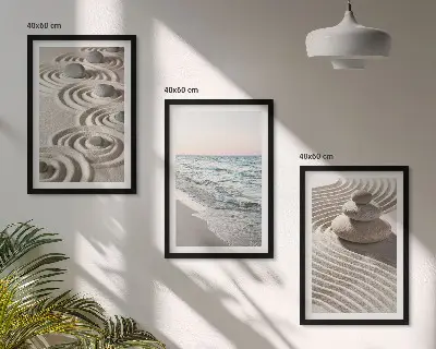 Wandbilder-Set mit Rahmen mit Motiven von Wellen Sand Wasser Steinen und Strand im 3er-Set
