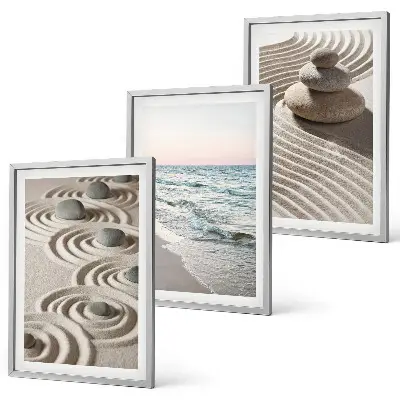 Wandbilder-Set mit Rahmen mit Motiven von Wellen Sand Wasser Steinen und Strand im 3er-Set