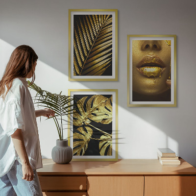 Bilder-3er-set mit rahmen Mund einer Frau mit Monstera-Palme