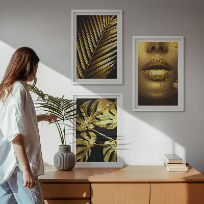 Bilder-3er-set mit rahmen Mund einer Frau mit Monstera-Palme