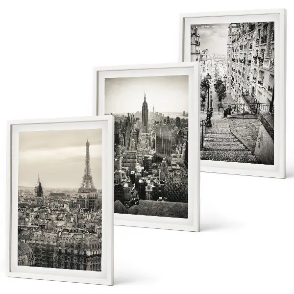 3er-Set Bilder mit Rahmen Aussicht Paris und New York als Treppenmotiv