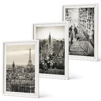 3er-Set Bilder mit Rahmen Aussicht Paris und New York als Treppenmotiv
