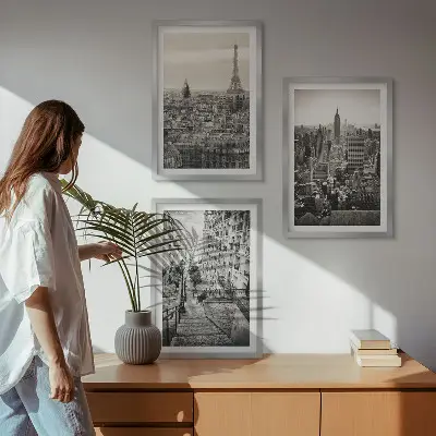 3er-Set Bilder mit Rahmen Aussicht Paris und New York als Treppenmotiv