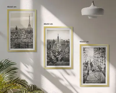 3er-Set Bilder mit Rahmen Aussicht Paris und New York als Treppenmotiv