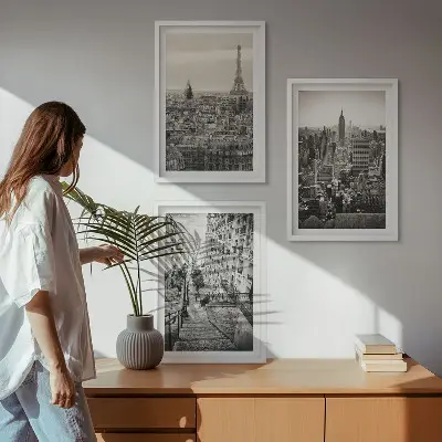 3er-Set Bilder mit Rahmen Aussicht Paris und New York als Treppenmotiv