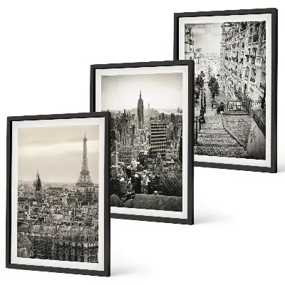 3er-Set Bilder mit Rahmen Aussicht Paris und New York als Treppenmotiv