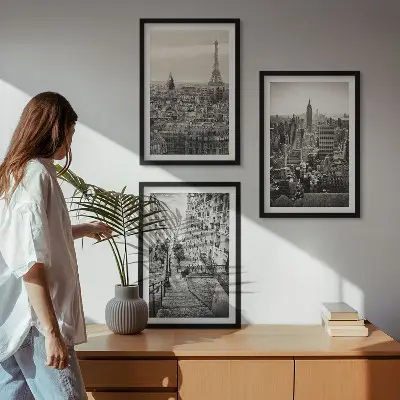 3er-Set Bilder mit Rahmen Aussicht Paris und New York als Treppenmotiv