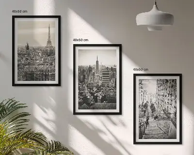 3er-Set Bilder mit Rahmen Aussicht Paris und New York als Treppenmotiv