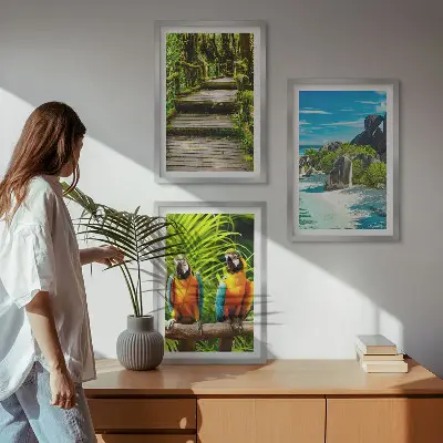 Gerahmtes Bilderset tropischer Wald mit Wasserfall und Papageien