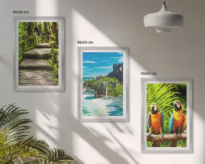 Gerahmtes Bilderset tropischer Wald mit Wasserfall und Papageien
